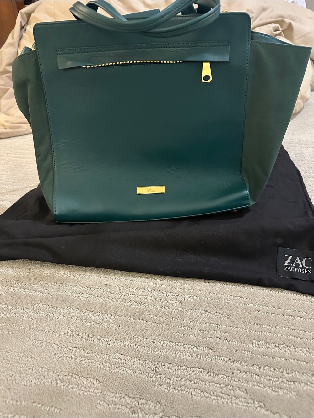 ZAC Zac Posen Deep Green Structured Tote with Gold Hardware